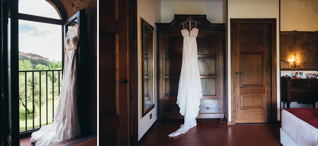 Il bellissimo vestito della sposa è appeso su un armadio