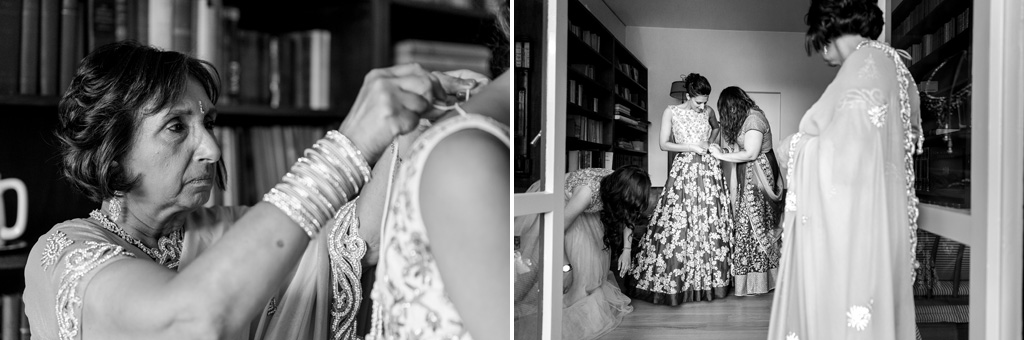 La madre e le damigelle assistono la sposa durante la preparazione in hotel