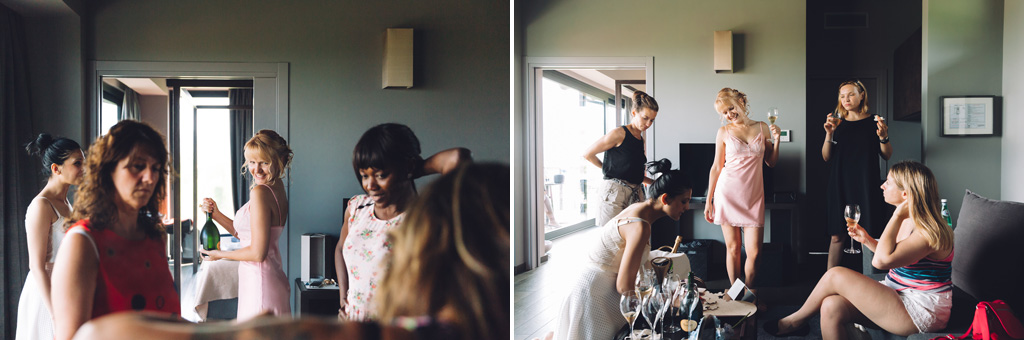 Fotografo Matrimonio Langhe La sposa beve champagne in compagnie delle damigelle