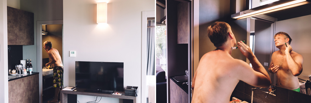 Fotografo Matrimonio Langhe Lo sposo si taglia la barba davanti allo specchio