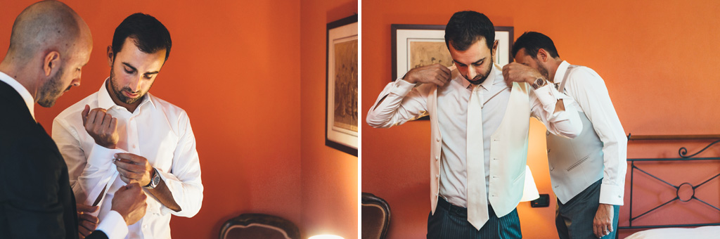 Fotografo Matrimonio Pavia Lo sposo Federico indossa una camicia bianca e un panciotto beige