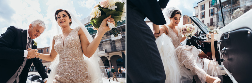 Fotografo Matrimonio Monza Il padre aiuta la sposa a scendere dalla macchina