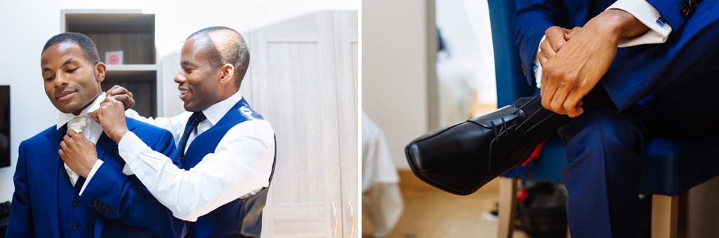 Fotografo Matrimonio Villa Erba Lo sposo Tony indossa le scarpe e la camicia
