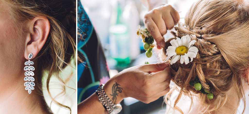 Fotografo Matrimonio Langhe I capelli della sposa sono adornati con un fiore