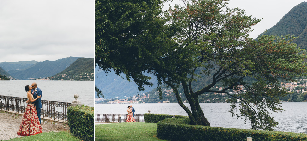 I due sposi si baciano con dietro la splendida cornice del lago di Como