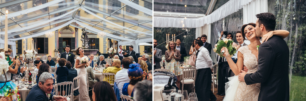 Fotografo Matrimonio Monza I due sposi festeggiano con gli invitati durante il ricevimento