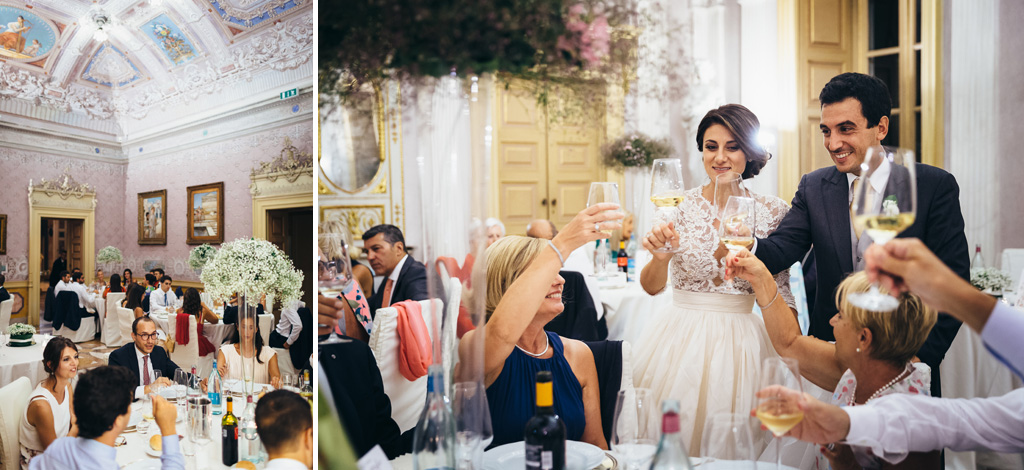 Fotografo Matrimonio Villa Caroli Zanchi Gli sposi alzano i bicchieri insieme agli invitati durante il ricevimento