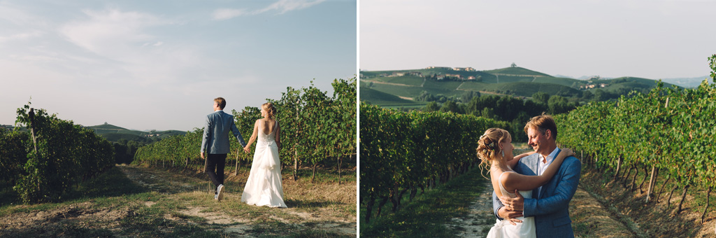 Fotografo Matrimonio Langhe Gli sposi passeggiano e posano immersi nell'ambiente campagnolo delle Langhe