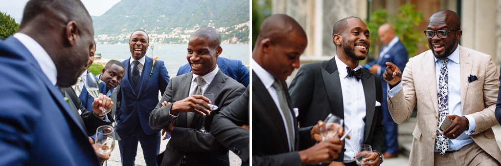 Fotografo Matrimonio Villa Erba Gli invitati scherzano prima di procedere con il ricevimento