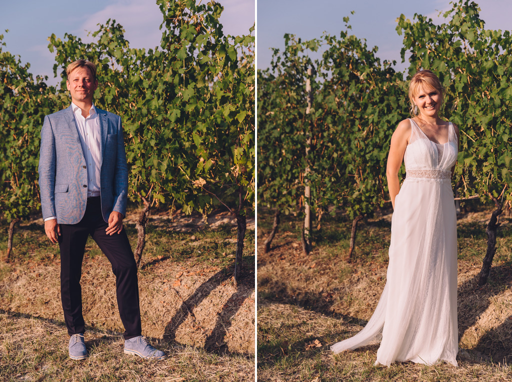 Fotografo Matrimonio Langhe Dimitri e Tatiana posano in una scenografia rurale durante una splendida giornata di sole