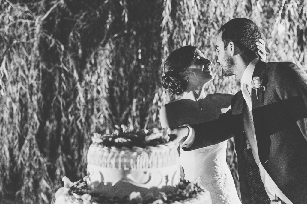 Fotografo Matrimonio Pavia Federico e Silvia si guardano amorevolmente durante il taglio della torta