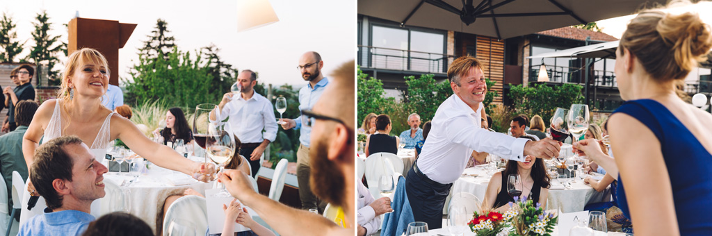 Fotografo Matrimonio Langhe Gli sposi festeggiano con gli invitati durante il ricevimento presso l'Osteria Arborina