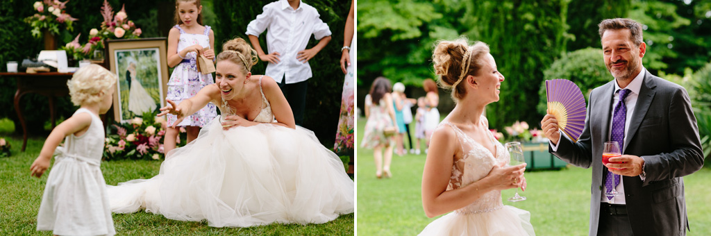 Fotografo Matrimonio Convento Dell'Annunciata Medole La sposa gioca con una bambina e parla con un invitato