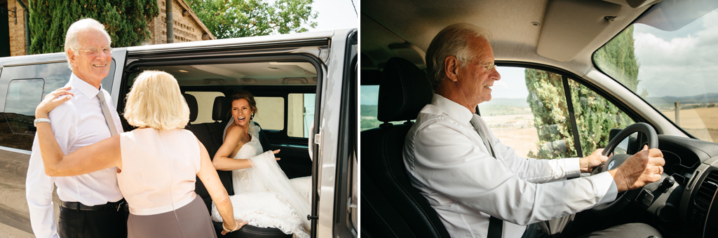 Fotografo Matrimonio Basilica San Galgano Toscana La sposa entra nell'auto guidata dal papà che la porterà alla cerimonia
