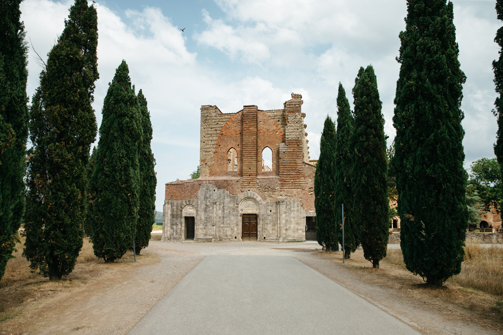 Fotografo Matrimonio Basilica San Galgano Toscana Un viale alberato porta all'Abbazia di San Galgano