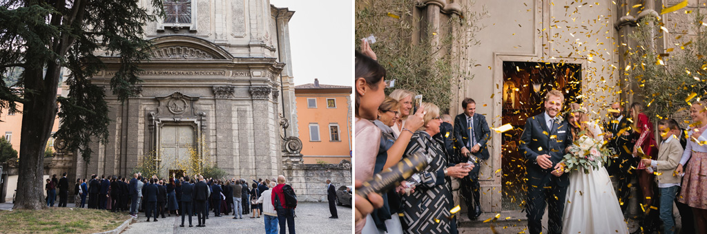 Wedding Photographer Como Lake Gli sposi in una pioggia di coriandoli fuori dalla chiesa