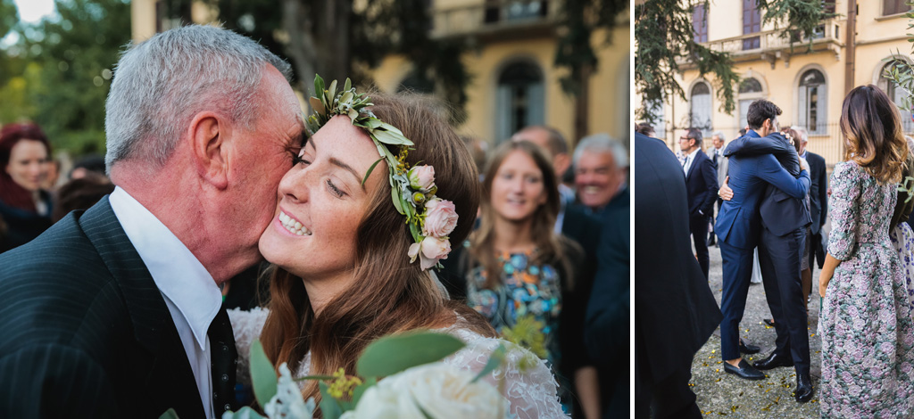 Wedding Photographer Como Lake Gli sposi abbracciano i parenti sul piazzale della chiesa di Como