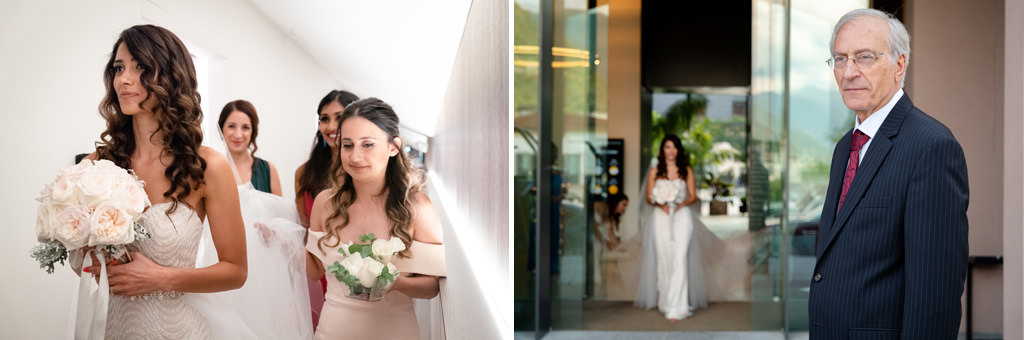 Fotografo Matrimonio Lago di Como Hilton Villa Parravicini Revel La sposa esce dall'hotel Hilton a Como