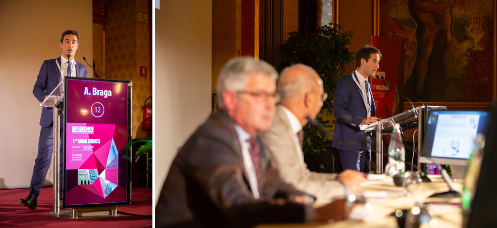 Fotografo Congresso Conferenza Milano EUGA Marriott Hotel Il relatore A. Braga epone un discorso davanti ai partecipanti del congresso dell'EUGA