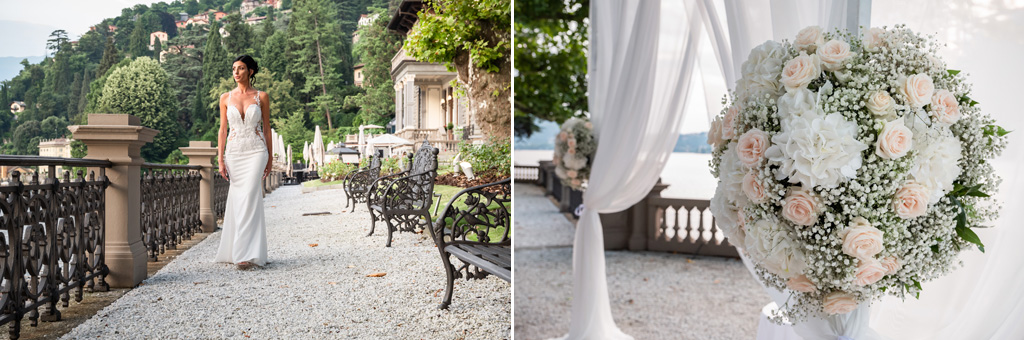 Fotografo Matrimonio Lago di Como Casta Diva Mandarin La sposa e i fiori che decorano la location sul Lago di Como