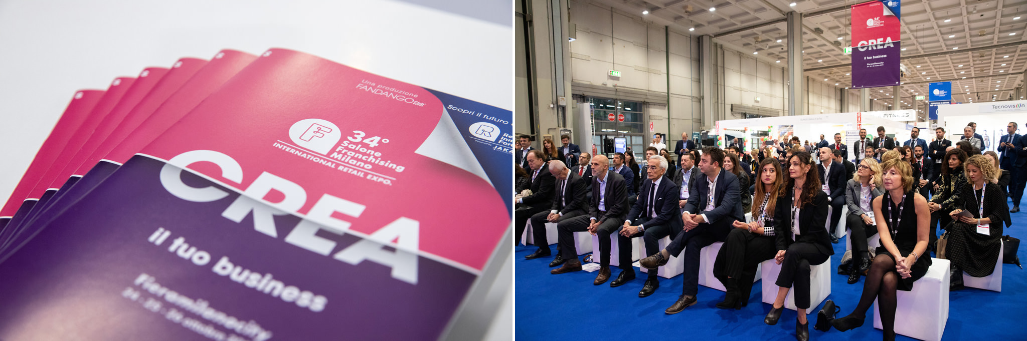 Fotografo Eventi Esclusivi Aziendali Fiera Milano Assofranchisin Il depliant dell'evento organizzato da Assofranchising e una panoramica del pubblico presso il Salone Franchising