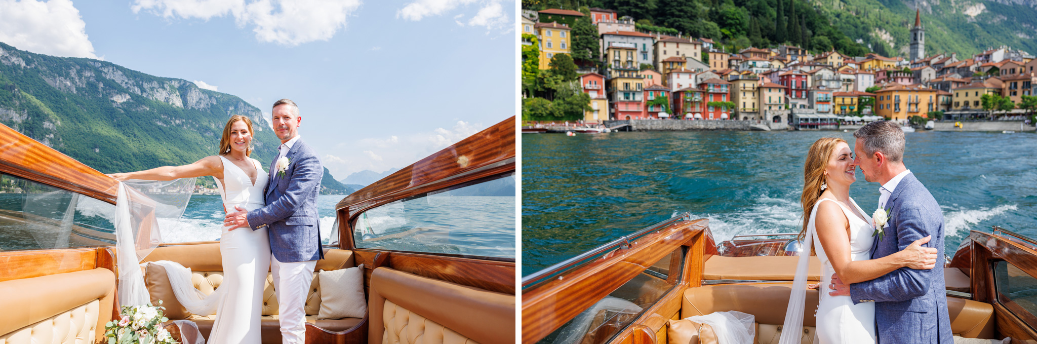 Destination Wedding Photographer Como Lake Gli sposi che si baciano in barca sul lago di como al loro matrimonio