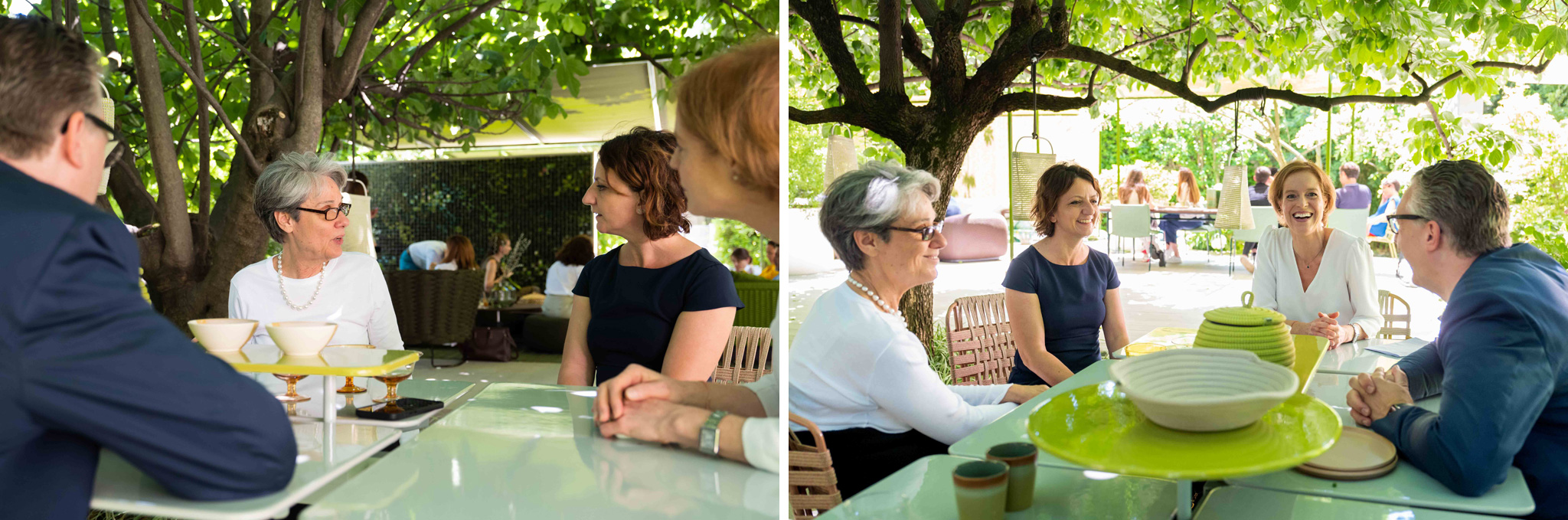 Fotografo Architettura Paola Lenti Paola Lenti insieme a persone durante un'intervista allo showroom