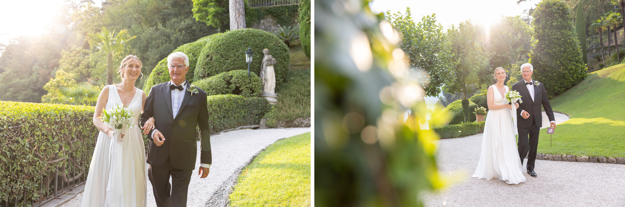 Destination Wedding Photographer Lake Como Una sposa con suo padre in cammino verso il suo matrimonio