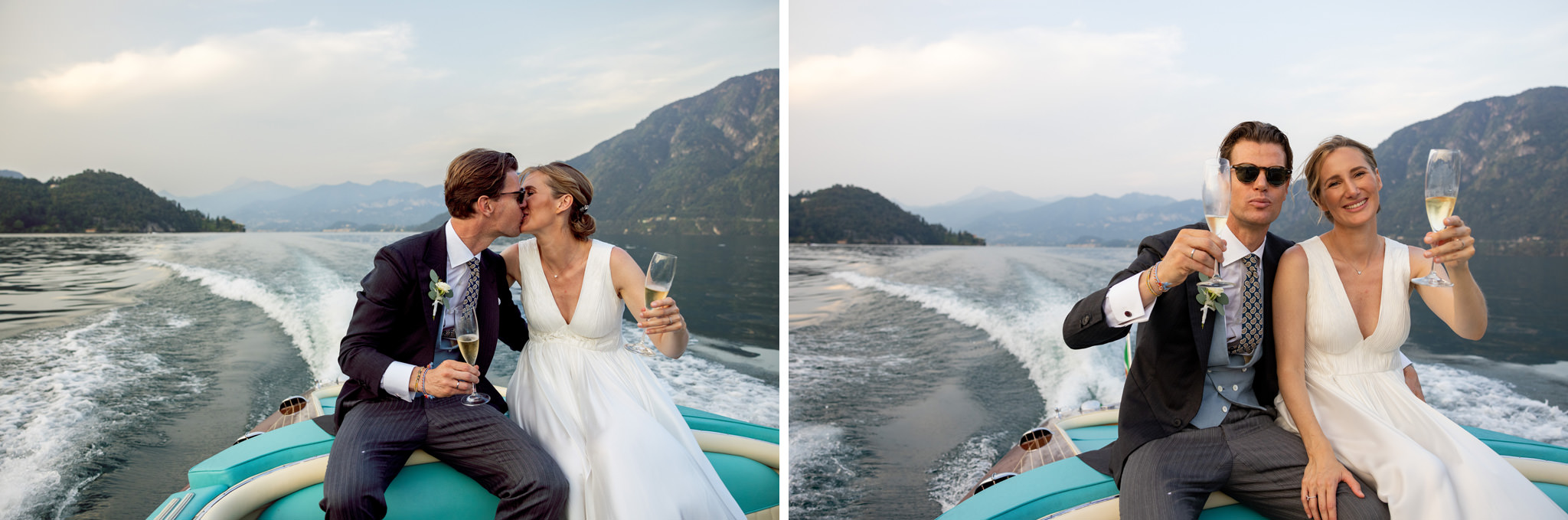 Destination Wedding Photographer Lake Como Due sposi che si baciano su una barca sul lago di Como