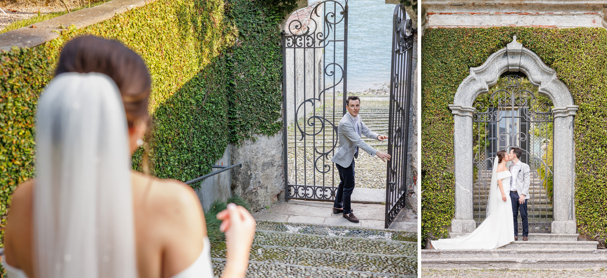 Destination Wedding Photographer Como Uno sposo che attende una sposa aprendole la porta